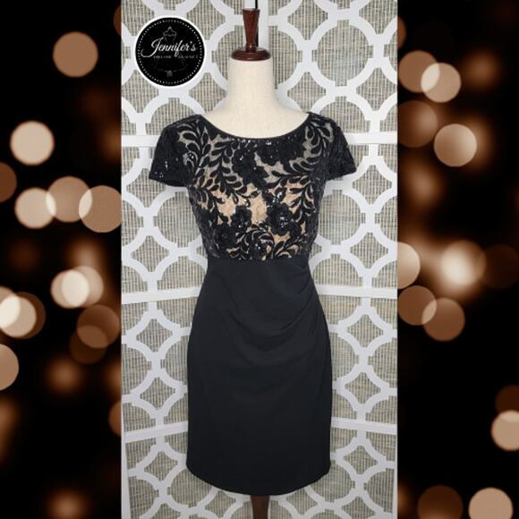 Alex Evenings Black Petite Short Empire Waist Sequin Bodice Sheath Dress 12P - Picture 1 of 16